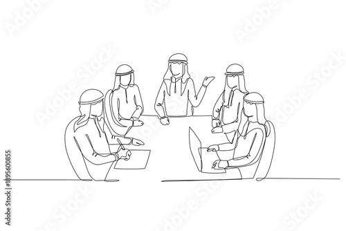 Continuous one line drawing five Saudi men in corporate meeting. Leader presenting to colleagues who are working with laptop and notebook at table. Single line draw design vector graphic illustration
