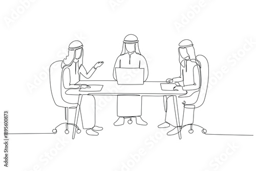 Continuous one line drawing three Saudi businessmen sitting at desk with laptop and papers, communicating during professional meeting in an office. Single line draw design vector graphic illustration