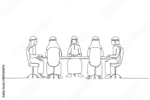 Single continuous line drawing five men in traditional Arab attire engaged in strategic boardroom discussion. Inclusive leadership, corporate synergy. One line draw graphic design vector illustration