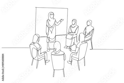 Single continuous line drawing Arab female presenter in hijab leading a workshop for group of participants. Inclusive communication and brainstorming. One line draw graphic design vector illustration