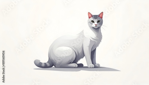 A serene, seated cat with gray markings, against a neutral background, emanating calm and stylized simplicity