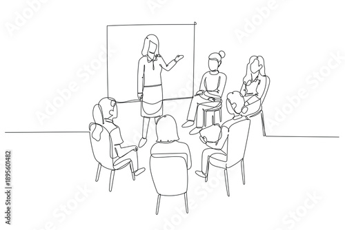 Single one line drawing female presenter leading meeting with participant seated in circle. Professional workshop or team brainstorming session. Continuous line draw design graphic vector illustration