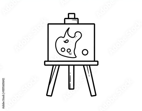 A simple line drawing of an easel with a canvas, presenting an abstract art palette and circle