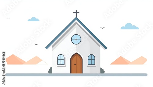 A simplistic vector illustration of a small church on a bright day with desert-like hills in the background