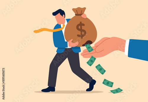 Lose money from investment mistake, tax or expense, mutual fund cost or financial problem, unknown cost drain out money concept, businessman carry big money bag with big hole banknotes falling out.