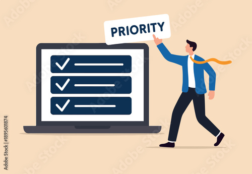  Priority work moving urgent and important task on top, planning with urgency list, critical or deadline work to be done, project planning concept, businessman move priority task on computer laptop.