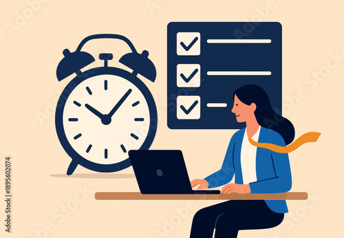 Productivity, project management or efficiency to finish work and reach business goal, time management concept, productive business woman working with computer laptop on checklist and alarm clock