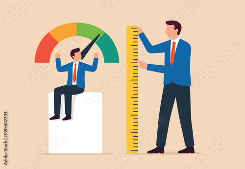  Measure employee performance, evaluation or assessment, staff improvement or success level, appraisal, goal and achievement concept, businessman manager measure employee success with measuring tape.