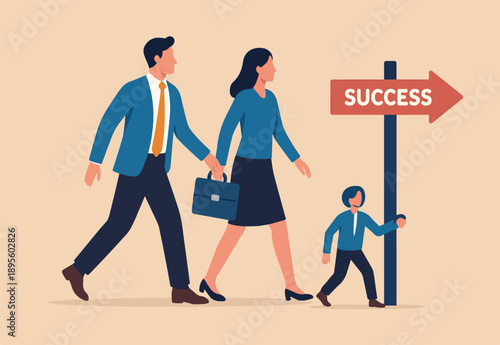  Right direction to success, strategy or plan to go in correct path, challenge or leadership to guide career path, new opportunity concept, business people walk to the right direction with signpost
