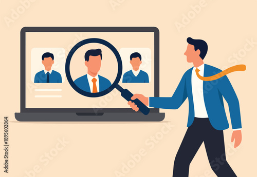 Recruitment finding candidate for job applicant, human resources HR analyze or scan candidate winner, search new people for job opportunity concept, HR recruiter magnifying glass analyze candidate