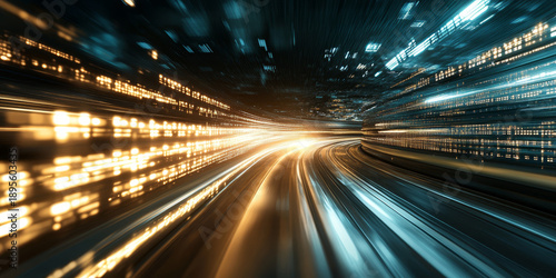 Abstract digital tunnel with light streaks and glowing data streams, representing speed and technology