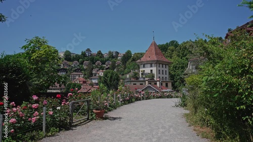 Wallpaper Mural Bern Rosengarten Rose Garden Path to Historic Tower, Switzerland Summer. Filmed on June 23,2025. Torontodigital.ca