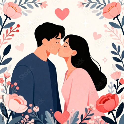 A clean romantic vector illustration for International Kissing Day, designed for a poster or banner. A loving couple sharing a gentle kiss, illustrated in a modern flat vector 