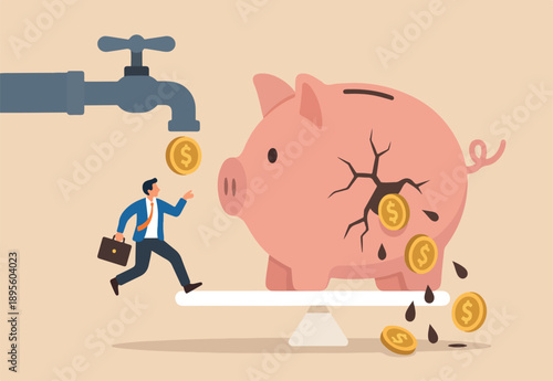 Money leaking, overspending or expense that reducing wealth or saving, fees or debt money loss, bankruptcy or poor, spending concept, faucet with money income flow into broken leaking piggy bank.