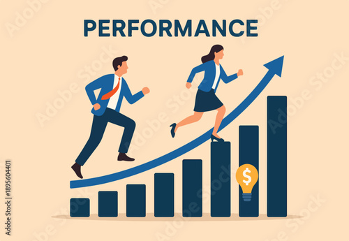 Performance management, employee rating appraisal or review, career growth or plan for improvement, career development concept, businessman and woman employees running up performance graph and chart.