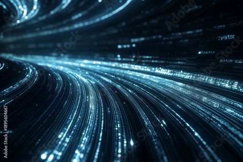 Abstract blue light streaks flowing through a dark digital tunnel at high speed