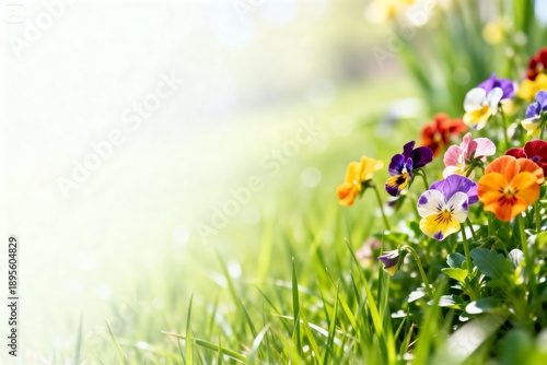vibrant colorful flowers blooming among lush green grass positioned on the right side of the frame