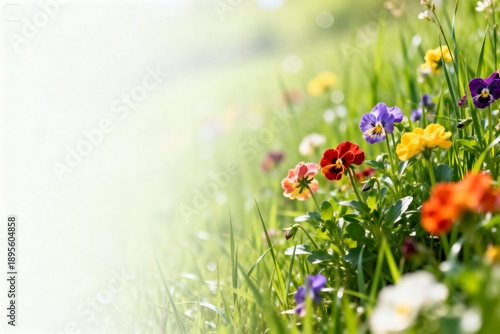 vibrant colorful flowers blooming among lush green grass positioned on the right side of the frame