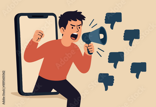 Internet hater, angry social media, dislike or negative feedback from remote work, cyber bullying concept, furious young man from mobile phone shouting on megaphone with negative thumb down symbols