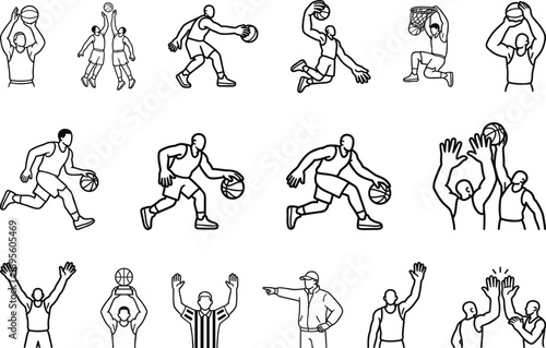 Basketball Player Action Poses Set Vector Illustration Line Art Icons of Dribbling Shooting Dunking and Referee Signals