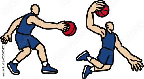 Basketball Player Crossover Dribble and Flying Slam Dunk Action Sequence Vector Illustration