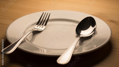 Close up of empty plate with silverware on wooden table