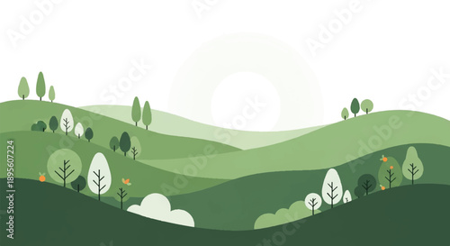 Calming Landscape of Rolling Hills and Trees with Orange Flowers in a Peaceful Nature Setting