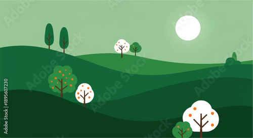 Soothing Nighttime Landscape with Rolling Hills, Lush Trees, and a Luminous Moon in a Peaceful Enchanted Forest Scene