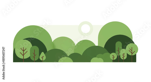 Stylized Green Hillscape with Rounded Trees, Yellow-Green Sky, Minimalist Cartoony Nature Illustration