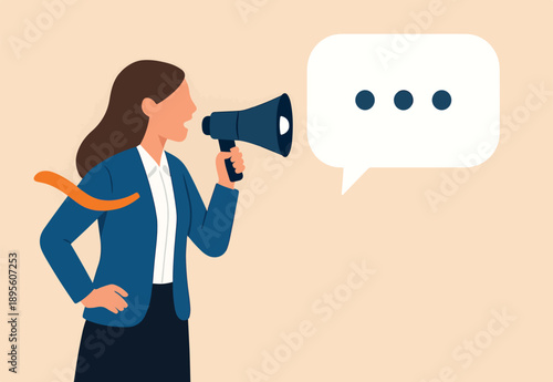 Speak out, voice or message to communicate, dialogue or debate conversation, talk or shout message, advice or announcement concept, businesswoman talk on megaphone with speech bubble voice message.