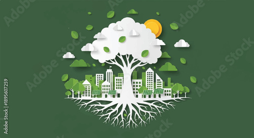 Stylized Graphic Showing White Tree with Cloud-Forming Branches Over Urban Cityscape and Green Background with Falling Leaves and Yellow Sun