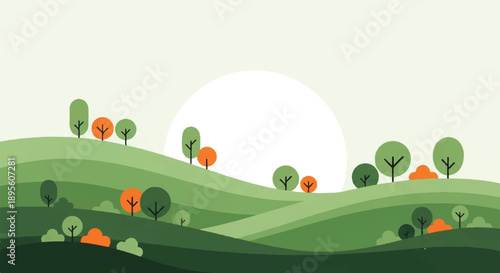 Flat Nature Landscape Background with Green Hills and Trees