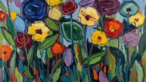 Colorful floral abstract painting with vibrant blooms on a light blue background