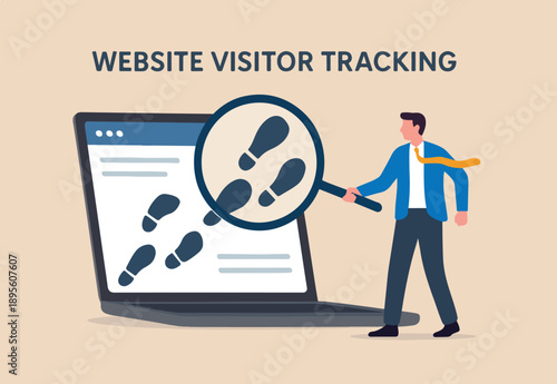  Website visitor tracking or digital footprint, analyze user behavior or track bounce rate concept, businessman to track visitor footpath on laptop computer.