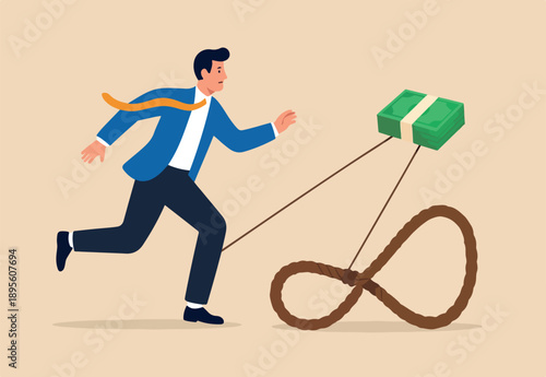 Money trap to trick greed people, danger fraud or threat to attack victim, financial or investment problem concept, greed businessman try to step into tricky rope trap to get money banknotes bundle.