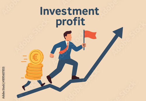 Investment profit and earning, stock market growth or fund flow depend on interest rate and inflation concept, businessman investor, fund manager holding flag lead money coins running up rising graph