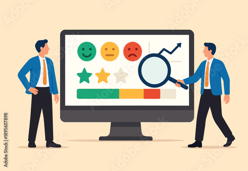 Sentiment analysis on customer feedback, brand reputation or positive review, social voice, rating or opinion report, reaction or survey concept, business people analyze social sentiment dashboard.