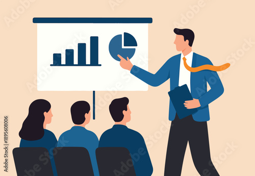 Staff training, seminar or workshop to learn new skills, coaching or team discussion, business course, meeting or consulting concept, smart businessman coaching with presentation to company employees.