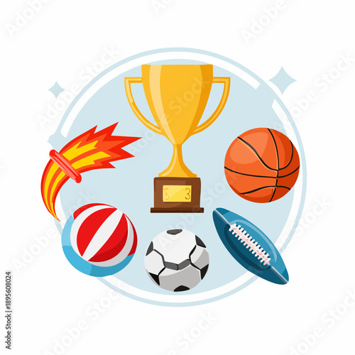 Illustration showcasing a variety of sports equipment and a gold trophy symbolizing achievement