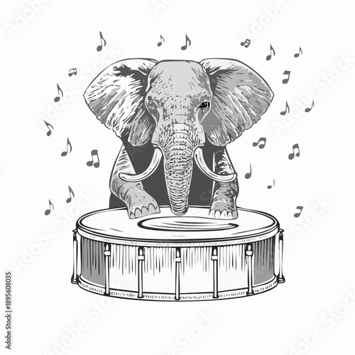 Illustration showcasing an elephant playing a drum surrounded by musical notes concept whimsical