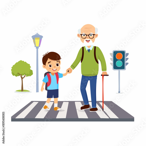 Illustrative depiction of intergenerational bonding as a grandfather helps his grandson cross the