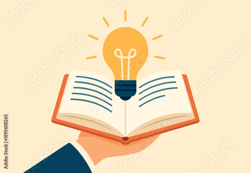 : Knowledge or education, study or learning new skill, creativity or idea, reading book for inspiration, discover solution or literature, wisdom concept, hand hold open book to discover lightbulb idea