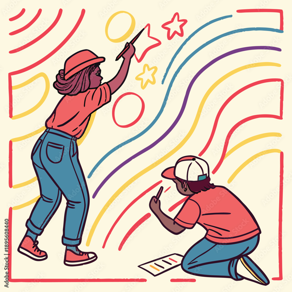 Fototapeta premium Colorful brush strokes with chalk texture - wavy line patterns, underline elements, circular frames and rectangular borders. Hand drawn vibrant playful creative emphasis.