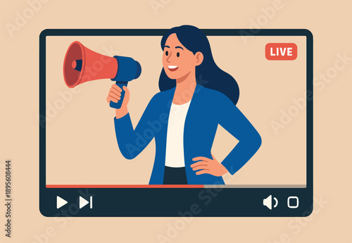  Video marketing, live stream or media clip to promote brand, influencer advertising, content marketing or online digital campaign concept, beauty confidence woman with megaphone on video media player
