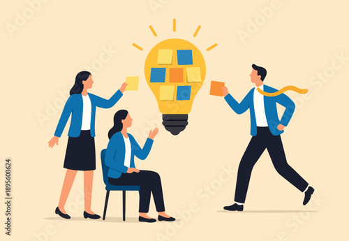  Ideation, brainstorming to gather new idea, effective meeting discussion, team members discover solution, scrum concept, business people brainstorm with sticky notes combined to bright lightbulb idea