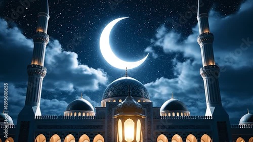 Illuminated Mosque Under Crescent Moon and Starry Sky.