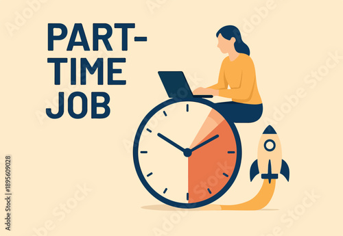 Part-time job, work tracking system, day planning or time management, side hustle or office work deadline, start and end time schedule concept, businesswoman working with laptop on split time clock
