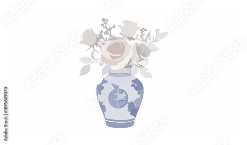 Minimal Watercolor Rose Bouquet Still Life Blue Vase Vector Art