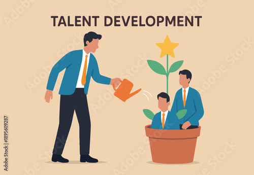 Talent development, career growth, training or coaching staff develop skill, employee improvement, HR human resources concept, businessman manager watering growth talented staff in grow seedling pot.