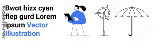Renewable energy, clean technology, eco-friendly lifestyle, weather safety, data analysis, sustainability. A person holding a tablet, a wind turbine and an umbrella. Renewable energy and technology